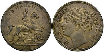 АНГЛИЯ ЖЕТОН 1837 ГАННОВЕР, КОРОЛЕВА ВИКТОРИЯ, ДИАМЕТР 22 ММ., ТОКЕН латунь 27-136