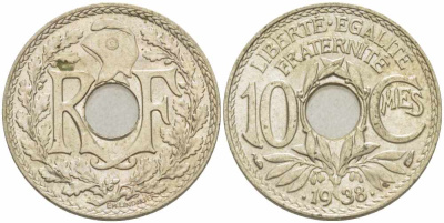 ФРАНЦИЯ 10 САНТИМОВ 1938 ТИП ЛИНДАЙЁ .1938. KM 889.1, LE FRANC 139.3 никель бронза 108-237