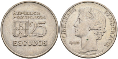 Португалия 25 эскудо 1980 первый год KM 607а медно-никель 4572-1115