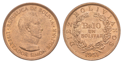 Боливия 10 боливиано 1951 год-тип KM 186 бронза UNC 4654-835