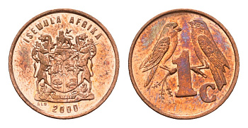ЮАР 1 цент 2000 герб, капские воробьи KM 170 сталь плакированная медью UNC 4694-147