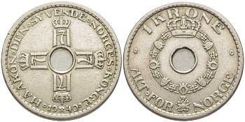 НОРВЕГИЯ 1 КРОНА 1940 ХОКОН VII (1905-1957) KM 385 медно-никель 113-232