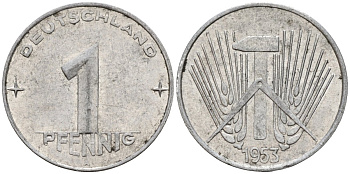 ГДР 1 пфеннииг 1953 A KM 5 алюминий 4596-543