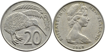 Новая Зеландия 20 центов 1969 Елизавета II (1952-2022), птичка киви KM 36.1 медно-никель 45-722