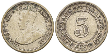 Стрейтс-Сетлментс 5 центов 1926 Георг V (1910-1936) KM 36 серебро 218-843
