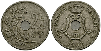 Бельгия 25 сантимов 1908 Belgie KM 63 медно-никель 4165-631