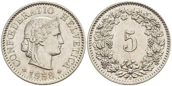 ШВЕЙЦАРИЯ 5 РАППЕНОВ 1958 В KM 26 медно-никель 4532-951