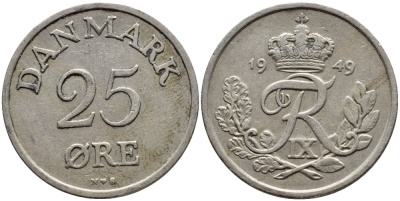 Дания 25 эре 1949 N; S, Фредерик IX (1947-1972) KM 842.1 медно-никель 4398-927
