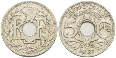 ФРАНЦИЯ 5 САНТИМОВ 1937 ТИП ЛИНДАЙЁ KM 875 медно-никель 3955-314