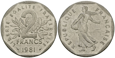 Франция 2 франка 1981 сеятель KM 942.1 никель 4120-424