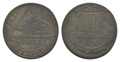 Мюнстер 3 пфеннига 1739 Монетный двор кафедрального капитула KM 430 медь 633-1415