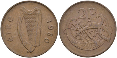 Ирландия 2 пенса 1980 виньетка в виде стилизованной птицы из второй библии Карла II Лысого KM 21 бронза 4144-1012