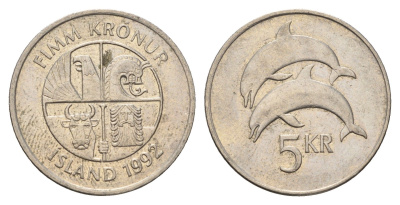Исландия 5 крон 1992 дельфины KM 28 медно-никель 4691-411