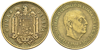 Испания 1 песета 1966 (71) Франсиско Франко (1939-1975) KM 796 алюминиевая бронза 4584-516