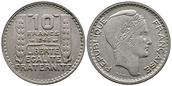 Франция 10 франков 1948 тип Пьер Турин KM 909.1, Le Franc 362.3 медно-никель 51-544