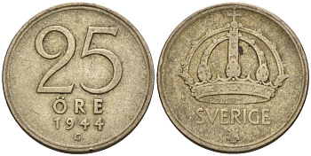 Швеция 25 эре 1944 G, Густав V (1907-1950) KM 816 серебро 4147-952