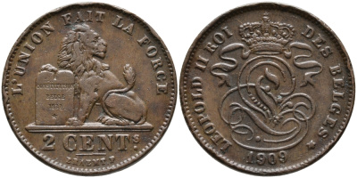 БЕЛЬГИЯ 2 САНТИМА 1909 BELGES KM 35.1 медь 95-722