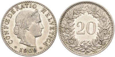 ШВЕЙЦАРИЯ 20 РАППЕНОВ 1909 В KM 29 никель 55-622