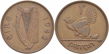 ИРЛАНДИЯ 1 ПЕННИ 1942 КУРИЦА С ЦЫПЛЯТАМИ KM 11 бронза 4545-1026