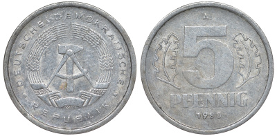ГДР 5 ПФЕННИГОВ 1980 A KM 9.2 алюминий 62-417