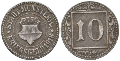 Мюнстер в Вестфалии 10 пфеннигов 1918 Funck 350.3A, Men18 22668.1 железо 188-1166