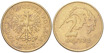 Польша 2 гроша 2007 Y 277 марганец латунь UNC 4614-263
