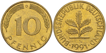 ФРГ 10 пфеннигов 1991 D KM 108, J. 383 сталь плакированная латунью 4175-415