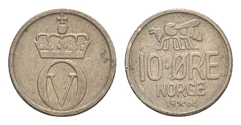 Норвегия 10 эре 1968 Улаф V (1957-1991) KM 411 медно-никель 4632-1155