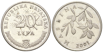 Хорватия 20 лип 2001 нечетный год KM 7 сталь плакированная никелем  UNC  4124-1256