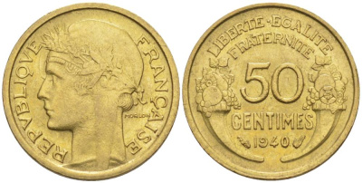 ФРАНЦИЯ 50 САНТИМОВ 1940 ТИП MORLON KM 894.1, LE FRANC 192.17 алюминиевая бронза 44-754