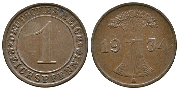 ГЕРМАНИЯ 1 РЕЙХСПФЕННИГ 1934 A KM 37, J. 313 бронза 4380-1253