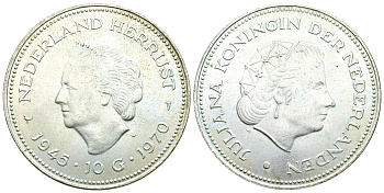 Нидерланды 10 гульденов 1970 25 лет освобождения от фашизма (1945-1970), Юлиана KM 195 серебро aUNC 74-513