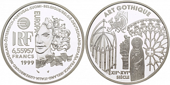 Франция 1 евро = 6,55957 франков 2000 готический стиль в архитектуре (XII-XVI веков) KM 1246 серебро PROOF 11-176-34