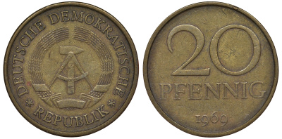 ГДР 20 пфеннигов 1969 А, первый год KM 11 латунь 62-1031