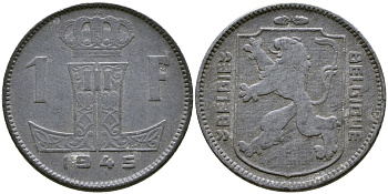 БЕЛЬГИЯ 1 ФРАНК 1945 BELGIE-BELGIQUE, ГЕРМАНСКАЯ ОККУПАЦИЯ, ВТОРАЯ МИРОВАЯ ВОЙНА KM 128 цинк 4383-346