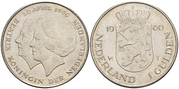 Нидерланды 1 гульден 1980 на коронацию Беатрикс, 30 апреля 1980 KM 200 никель 210-1236