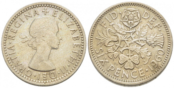 Великобритания 6 пенсов 1960 Елизавета II (1952-2022) KM 903, Spink 4149 медно-никель 3955-369