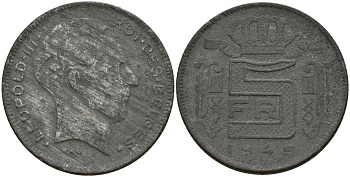 Бельгия 5 франков 1945 DES BELGES, Леопольд III (1934-1947) KM 130 цинк 4161-952