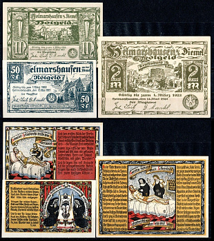 Хельмарсхаузен (Пруссия, Гессен-Нассау) полный набор из 3 нотгельдов (50 пфеннигов; 1 и 2 марки) 1921 DeNG 1/2 596.2 бумага UNC (пресс) 7555-17-3-2