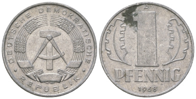 ГДР 1 пфенниг 1968 А КМ 8.1 алюминий 3458-316