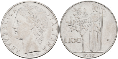 Италия 100 лир 1958 R, Афина KM 96.1 нержавеющая сталь 4117-323