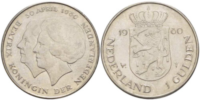 Нидерланды 1 гульден 1980 на коронацию Беатрикс, 30 апреля 1980 KM 200 никель 210-1236