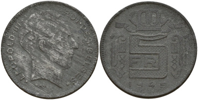 Бельгия 5 франков 1945 Belges, Леопольд III (1934-1947), германская оккупация KM 129.1 цинк 4161-952
