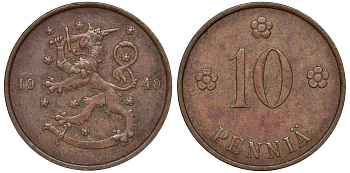 Финляндия 10 пенни 1940 KM 24 медь 51-3212