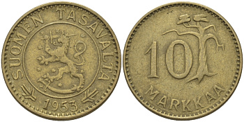 ФИНЛЯНДИЯ 10 МАРОК 1953 Н KM 38 алюминиевая бронза 100-227