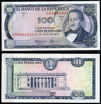 Колумбия 100 песо 1973 генерал Франсиско де Паула Сантандер, герой освободительной войны Pick 415  бумага  UNC (пресс) 7219-7-3-1