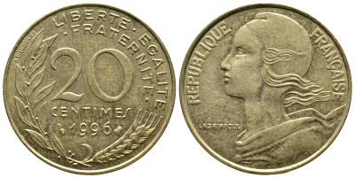 Франция 20 сантимов 1996 тип Марианна KM 930 медь алюминий никель 3461-255