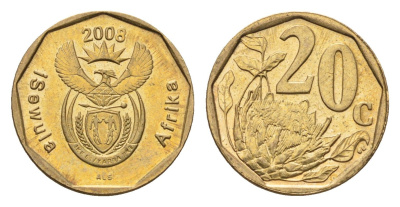ЮАР 20 центов 2008 герб, цветок протея KM 442 сталь плакированная бронзой UNC 4687-631