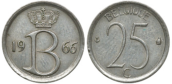 Бельгия 25 сантимов 1966 Belgie, Бодуэн I (1951-1993) KM 154.1 медно-никель 72-646