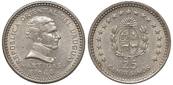 Уругвай 25 сентесимо 1960 KM 40 медно-никель 4169-1041